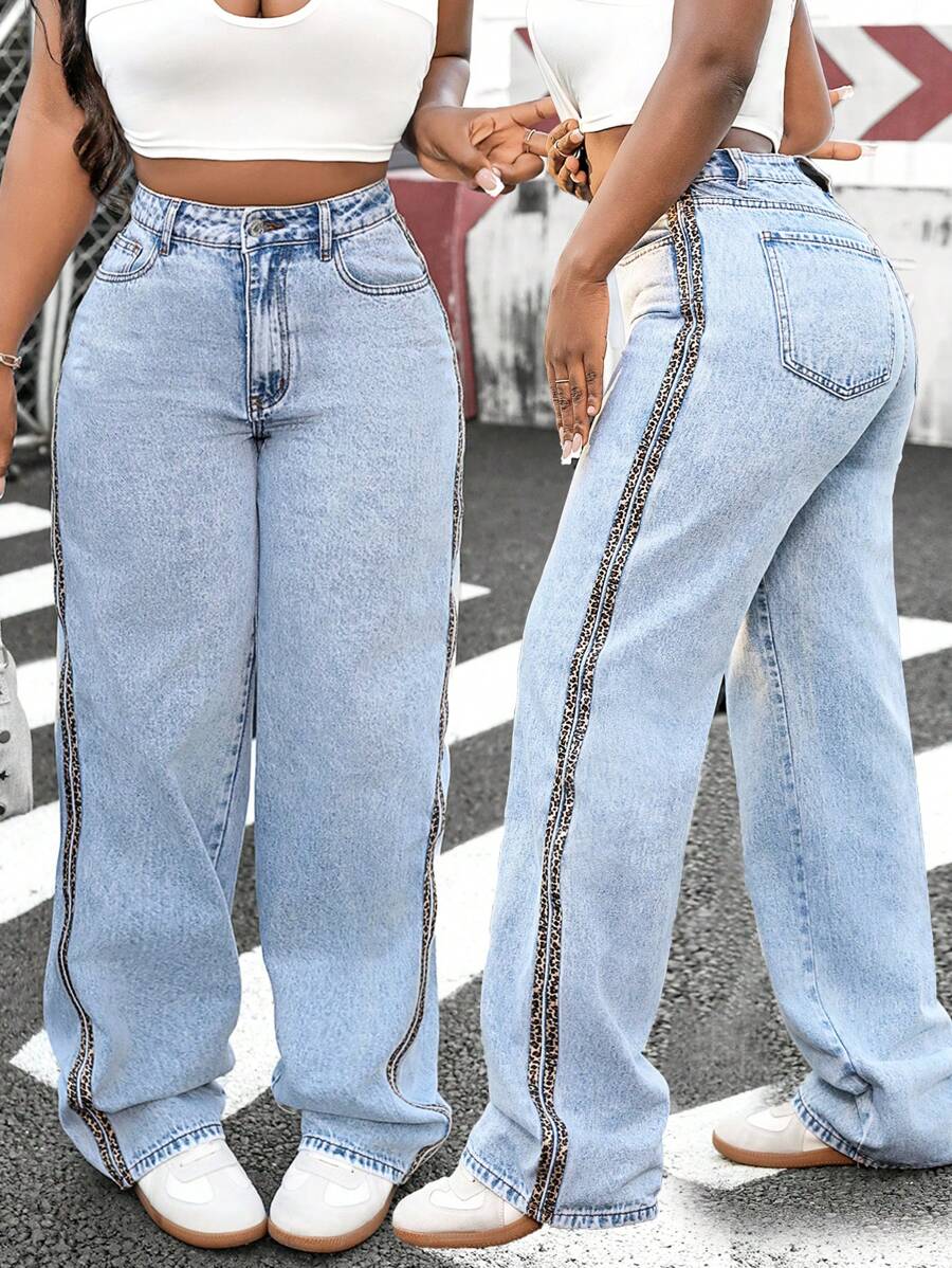 SHEIN Slayr Women Side Leopard Print Ribbon Detail Mid-Waist Straight Leg Jeans - Light Wash - View 1