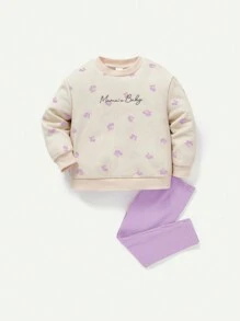 Cozy Pixies Baby Girl Floral Pattern Round Neck Drop Shoulder Sweatshirt And Skinny Pants 2pcs Set - Purple - View 3