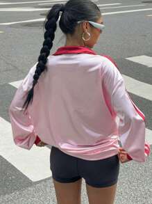SHEIN Tienermeisje Kerstmis Nieuwjaar Roze, Rood Patchwork, Preppy, Terug naar schoolseizoen, Vintage Color Block Print Polo Kraag Lange Mouw Fietstop T-shirt, Herfst & Lente