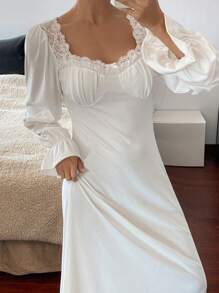 DAZY Romantic Lace Patchwork V-Neck Waisted Ruffle Sleeve Maxi Nightgown Pajama - White - View 5