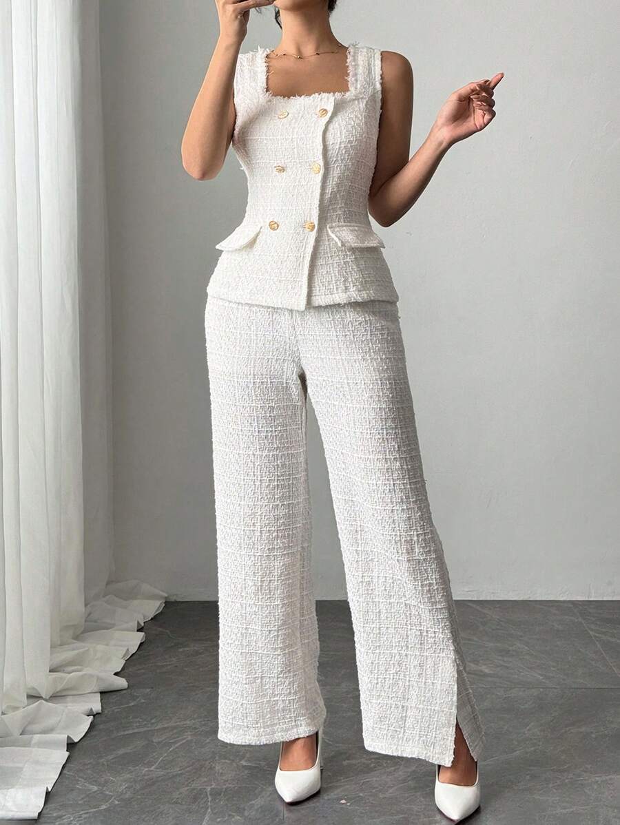 Fashion 2 Pcs Outfits Pants Sleeveless Summer Crop Top Pants Suit Lady Solid Wide Leg Shirring Casual Beach Set main image 0