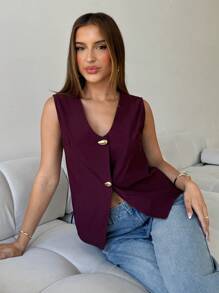Aloruh Top de chaleco de mujer de uso diario y para la oficina, elegante y sexy, con escote profundo en V y hebilla de metal decorativa, en color burdeos