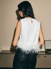 Poéselle 白色羽毛装饰下摆宽松无袖派对上衣，羽毛装饰上衣，节日派对女装，情人节上衣，新年上衣，女士上衣，外出上衣