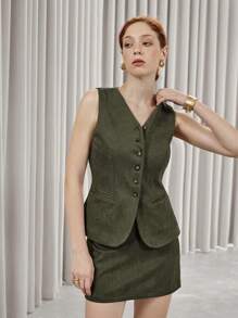 SHEIN Privé Women's Suede Vest + Mini Skirt 2 Pieces Set, Minimalist Style, Great For Valentine's Day, Spring - Olive Green - View 4