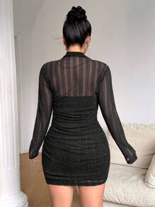 SHEIN EZwear 大码黑色透明网眼闪光迷你连衣裙 - 黑色 - 查看 2