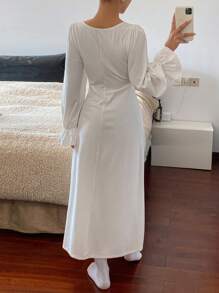 DAZY Romantic Lace Patchwork V-Neck Waisted Ruffle Sleeve Maxi Nightgown Pajama - White - View 2