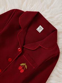 Young Girl Minimalist Lovely Cherry Embroidered Burgundy Loose Fitting 2pcs Pajama Set,Comfortable - Burgundy - View 5