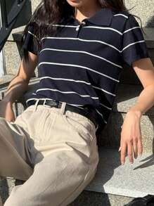 DAZY Women Point Collar Short Sleeve Striped Knitted Top - Navy Blue - View 4