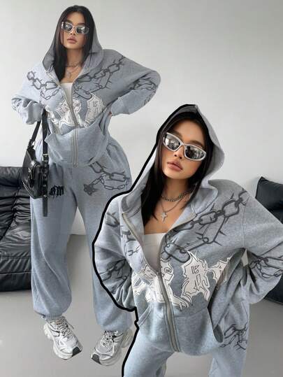 POPSWAY Casual Sports Style Print Hooded Sweatshirt And Sweatpants Coordinated Set, Plus Size Knitted Outfit For Autumn/Winter