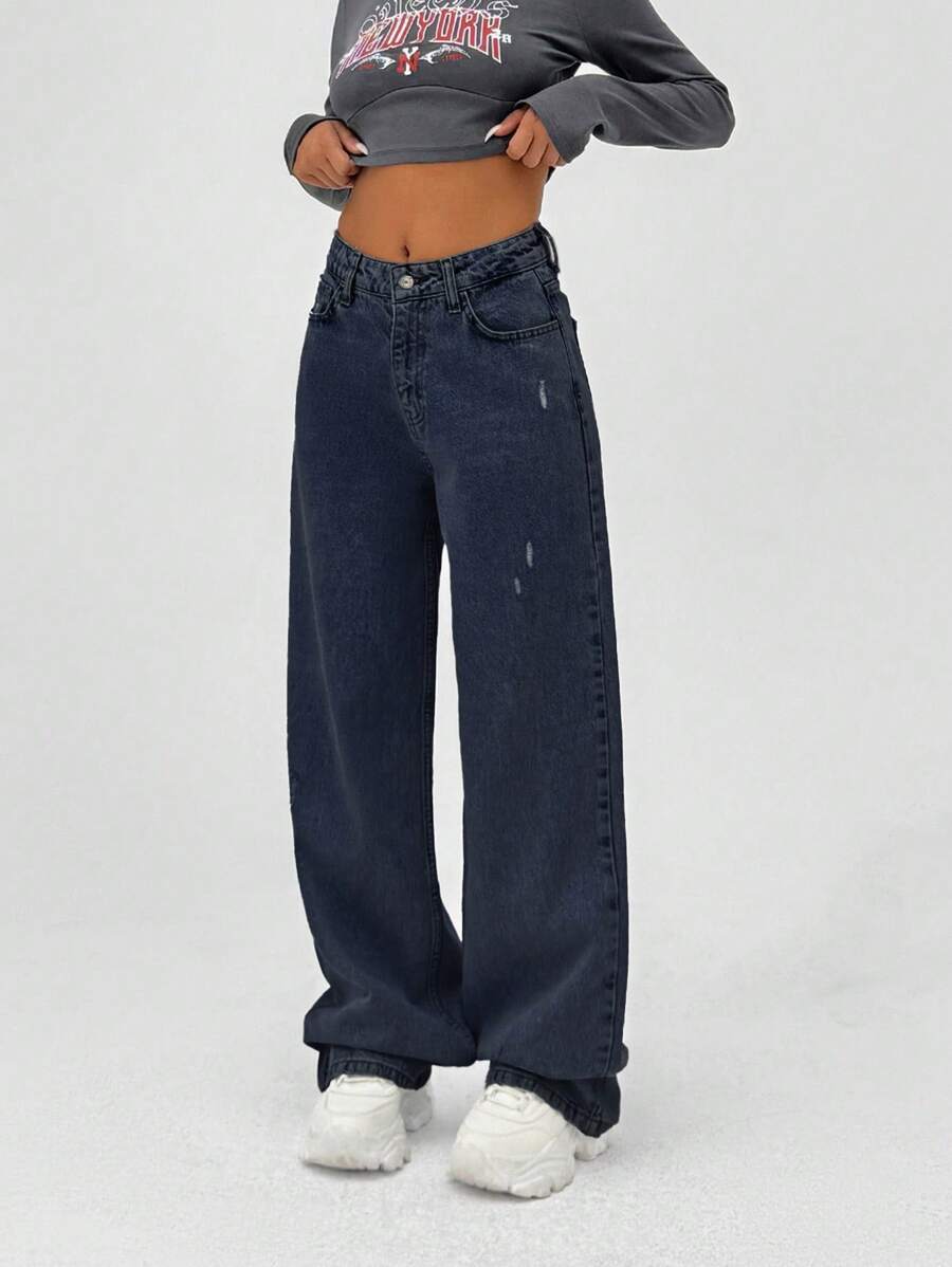 EURMUSE HIGH RISE WIDELEG CUT RIPPED DETAIL WOMEN JEAN - Dark Wash - View 1