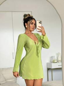 SHEIN SXY Women's Autumn Solid Color Deep V-Neck Mini Dress,Dresses For Women Summer,Cruise Outfits Women,Women Dresses Summer,Valentine's Day