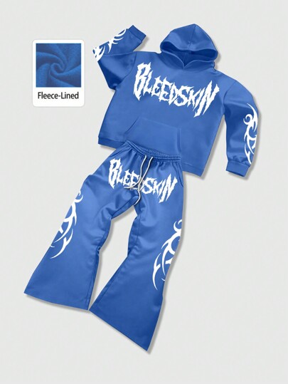 Street Life Men's Letter Print Long Sleeve Hoodie And Sweatpants Casual Tracksuit, Autumn/Winter