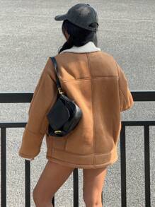 Muchica Women's Solid Color Splicing Front Button Long Sleeve Pocket Fur Trim Regular Coat - Brown - View 2