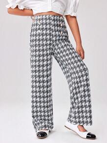 Tween Girl Front Button Houndstooth Pattern Casual Pants, Everyday Wear - Black and White - View 1