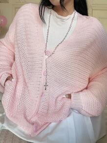 Sunnyshic Áo len cardigan dài tay màu hồng họa tiết vỏ sò tối giản thời trang dành cho nữ, mùa thu/đông - Hồng - Xem 1