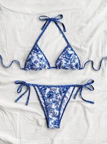 Soleia 2 piezas Conjunto de bikini estampado de vacaciones para mujer