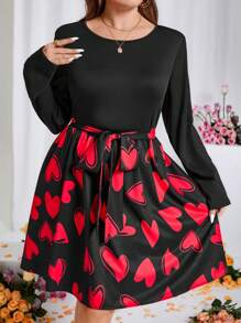 SHEIN Clasi Plus Size Heart Print Round Long Sleeve Belted Dress, For Spring, Valentine's Day - Red - View 4