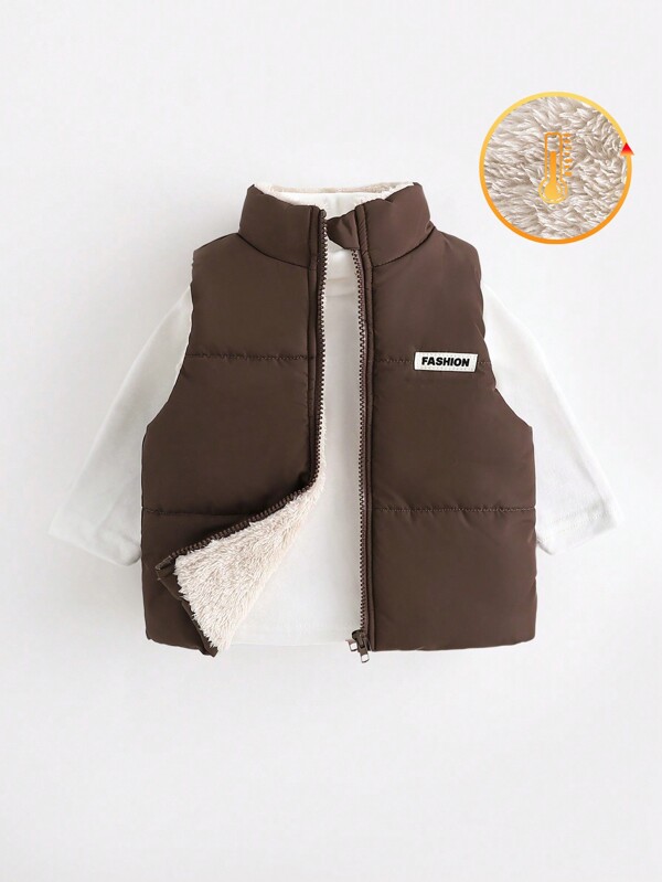SHEIN Baby Girls Street-Style Thick Woven & Fluffy Patchwork Sleeveless Jacket, Suitable For Outdoor Play, Autumn/Winter