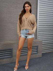 INAWLY Khaki Pullover Hollow Laced Up Knit Sweater Top
