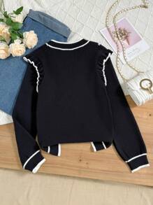 1pc Tween Girl European Style Black Ruffle Trim Crew Neck Knit Top, Autumn - Black - View 2