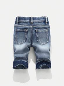 SHEIN Pantalones cortos vaqueros azules de niño con lavado desgastado retro, bolsillos con ribetes crudos, y efecto bigotes de gato, elásticos, para ropa de niños de primavera/verano y atuendos de estilo urbano