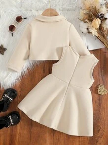 SHEIN Baby Girls 2pcs/Set Solid Color Elegant Collared Asymmetric Cardigan Sweater + Sleeveless Dress Outfit, Suitable For Outdoor, Walks, Family Gatherings And Visits In Spring & Autumn