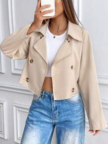 Lunelith SHEIN Lunessa Women's Minimalist Elegant Short Loose Apricot Trench Coat With Frayed Edges Fall Winter Cloth For Women