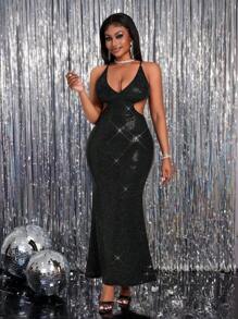Slaydiva Black Glitter Knitted Long Dress, Elegant Hollow-Out Fitted Party Dress Suitable For Party, Valentine's Day, Date Night - Black - View 2
