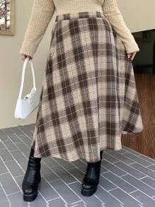 Dazy Plus Elastic Waist Plaid Mid-Length A-Line Pleated Skirt, Loose School Style, All Seasons