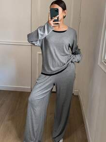 DAZY Minimalist Faux Layer Design Loose Fit Home Pajamas Set - Grey - View 1