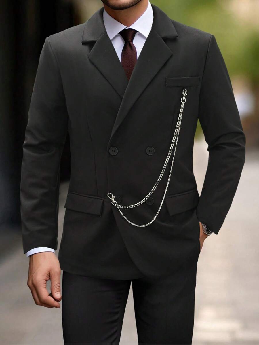 Manfinity Mode Men's Chain Decor Double Breasted Suit Set, Jacket And Pants,Blue Suit Set. - Black - View 1