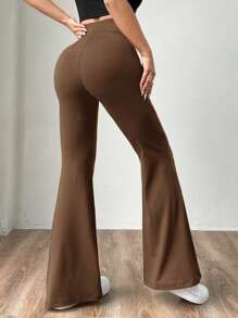 SHEIN EZwear Pantalones acampanados de corte ajustado de mujer de punto color marrón - Marrón - Ver 2
