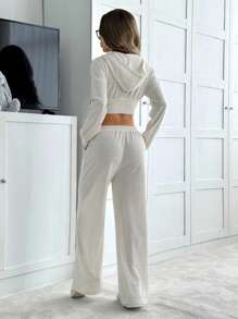 SHEIN EZwear Set casual da donna composto da 2 pezzi, maglia con chiusura lampo e cappuccio a maniche lunghe con spalle scoperte e pantaloni, adatto per l'autunno