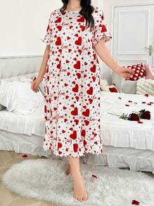 加大码圆领短袖荷叶边心形印花长款睡袍，Moo Moo 睡裙 - 紅白色 - 查看 5