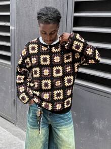 Manfinity VCAY Men's Loose Fit Soluble Flower All-Over Print Crew Neck Pullover Sweater, Suitable For Autumn/Winter