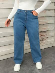 RueChic Plus Size Women's Pocket Straight Loose Casual Versatile Jeans - Light Wash - View 1