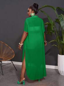 Slaydiva Bộ đồ ngủ và quần short vải voan màu cam rộng rãi thoải mái ngày lễ cỡ lớn không có thun, áo sơ mi đi biển mùa hè, trang phục hai mảnh mùa hè - màu xanh lá - Xem 2