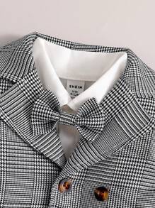 SHEIN 2 件男婴绅士风格千鸟格印花西装外套和格子裤套装，带可拆卸蝴蝶结，适合派对和学校，秋冬季 - 彩色 - 查看 5