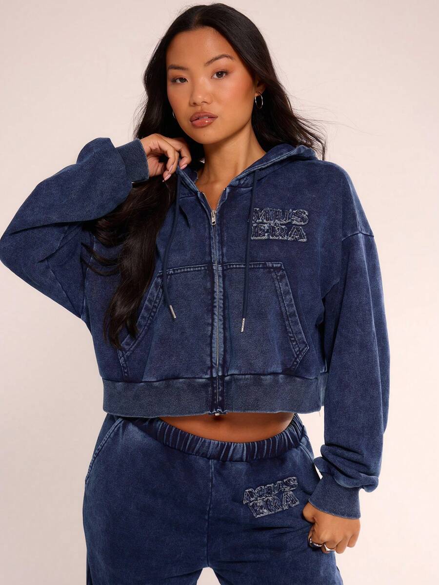 MUSERA Washed Cropped Applique Hoodie Only - Navy Blue - View 1