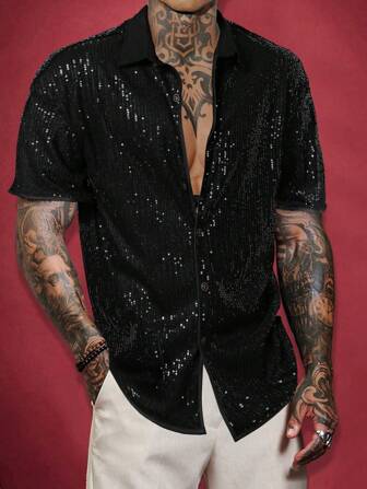 Manfinity AFTRDRK 男士夏季纯色亮片性感短袖宽松休闲派对衬衫，适合男友礼物