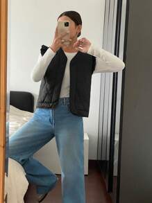 Siren Gaze 女士休闲纯色无袖夹克，冬季 - 黑色 - 查看 6