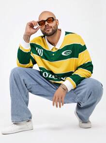Manfinity VCAY Plus Size Men's Casual Yellow Green Striped Knit Long Sleeve Loose Polo Shirt