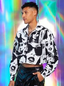 FeverCity Camisa de vestir de manga larga holgada con estampado digital para hombre