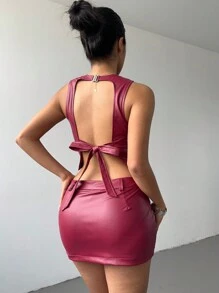 Aloruh Set de 2 piezas para mujer - Top sin mangas con correa y espalda descubierta en unicolor y falda mini ajustado
