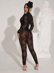 SHEIN SXY Mono de mujer de unicolor, de manga larga, transparente con aplicaciones de encaje y ajustado