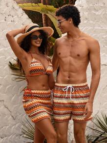 Manfinity VDAYZ Men's Beach Shorts Couples Matching Swimwear Drawstring Waist Front Tie Pocket Geometric Print Beach Vacation Hawaiian
