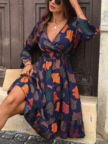 SHEIN Clasi Women V-Neck Long Sleeve Floral Print Casual Mini Dress