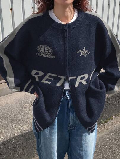 FRIFUL Women's Color Block Letter Print Raglan Sleeve Long Sleeve Casual Knitted Cardigan,Fall Clothes