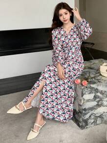 DAZY Women's V-Neck Geometric Print Lantern Sleeve High Slit Mid-Length Dress,Fall Dress Long Sleeve Dress - Multicolor - View 2