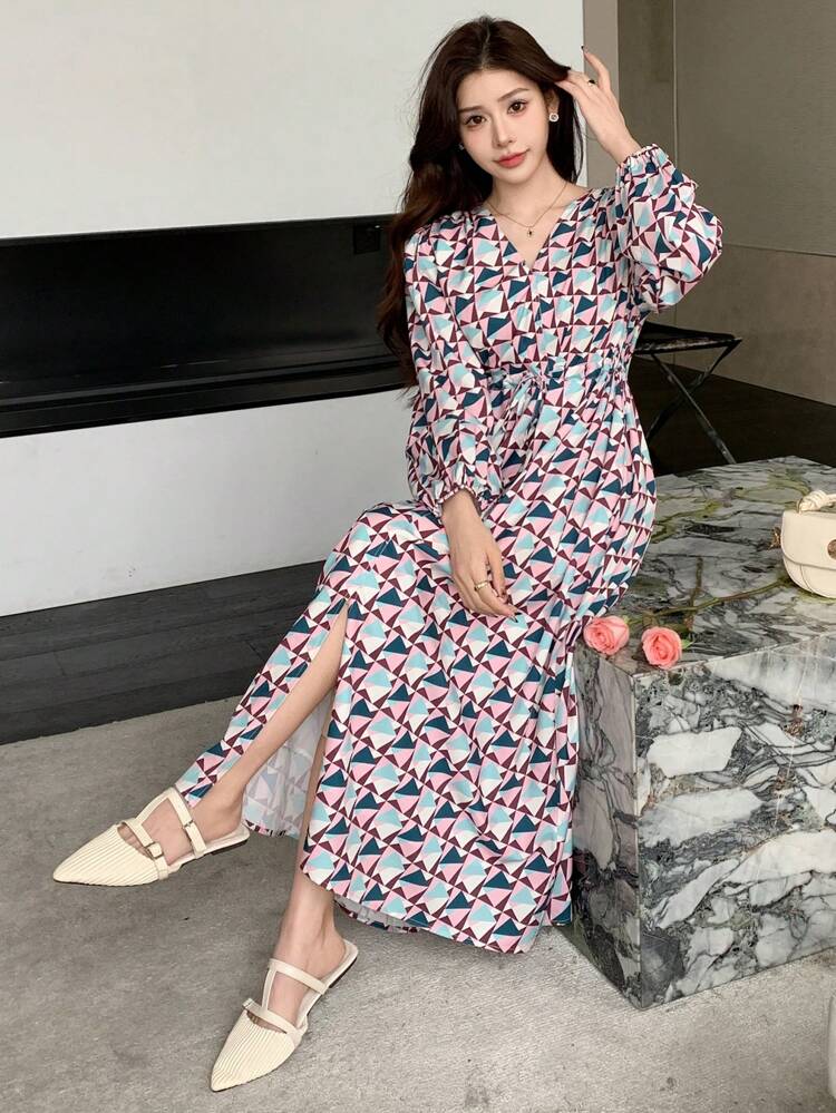 Women's V-Neck Geometric Print Lantern Sleeve High Slit Mid-Length Dress,Fall Dress Long Sleeve Dress Boho